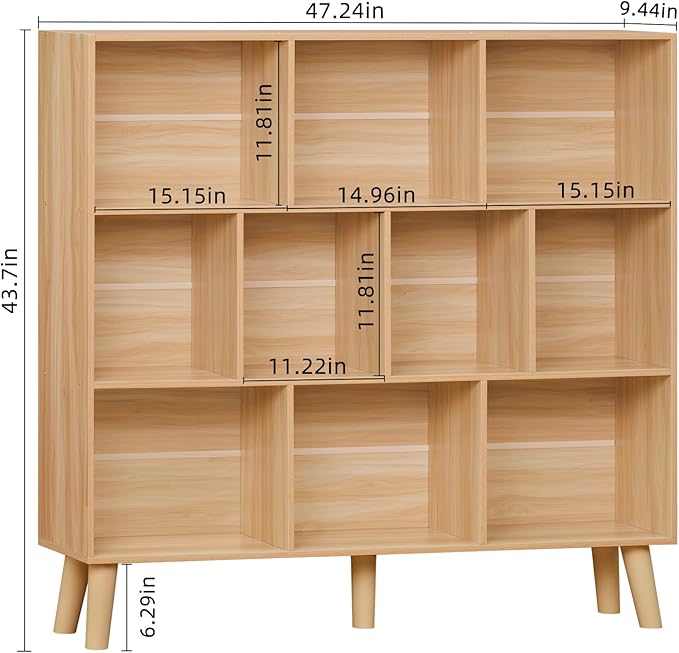 LEYAOYAO 10 Cube Bookshelf,3 Tier Modern Wide Bookcase with Legs,Mid-Century Wood Bookshelves Storage，Natural Large Book Case,Freestanding Organizer Display Shelf for Bedroom,Living Room,Office