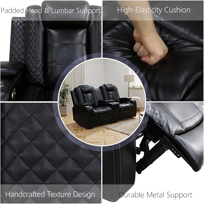 Leather Power Recliner Loveseat with LED Lights, Home Theater Reclining Sofa Loveseat, 2 Seater Reclining Couch with Arm Storage/Cup Holders/USB Port for Living Room/Bedroom/Office
