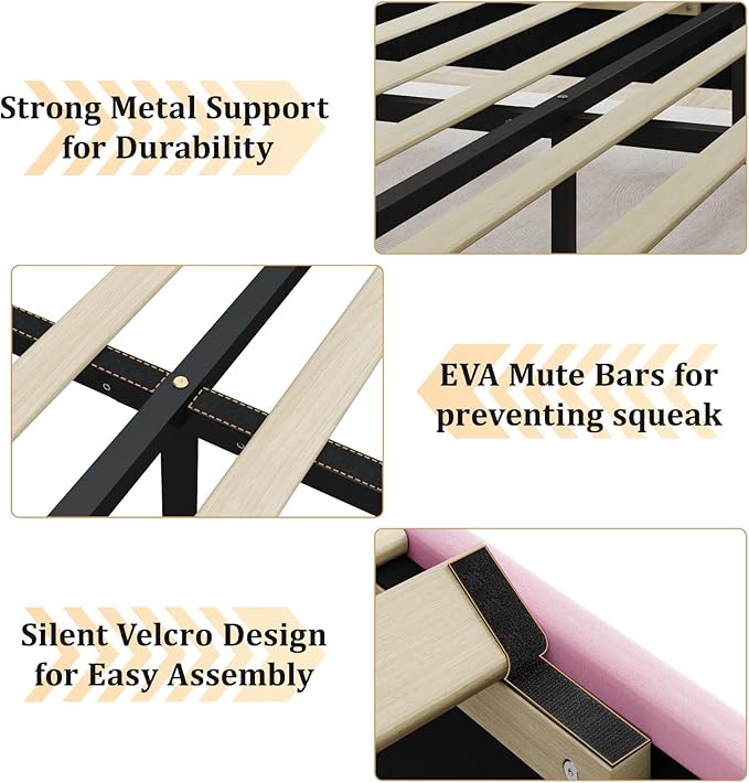 Queen Size Bed Frame with Velvet Upholstered Headboard, Platform Bed Frame No Box Spring Needed, Modern Bedframe with Strong Wooden Slats, Pink