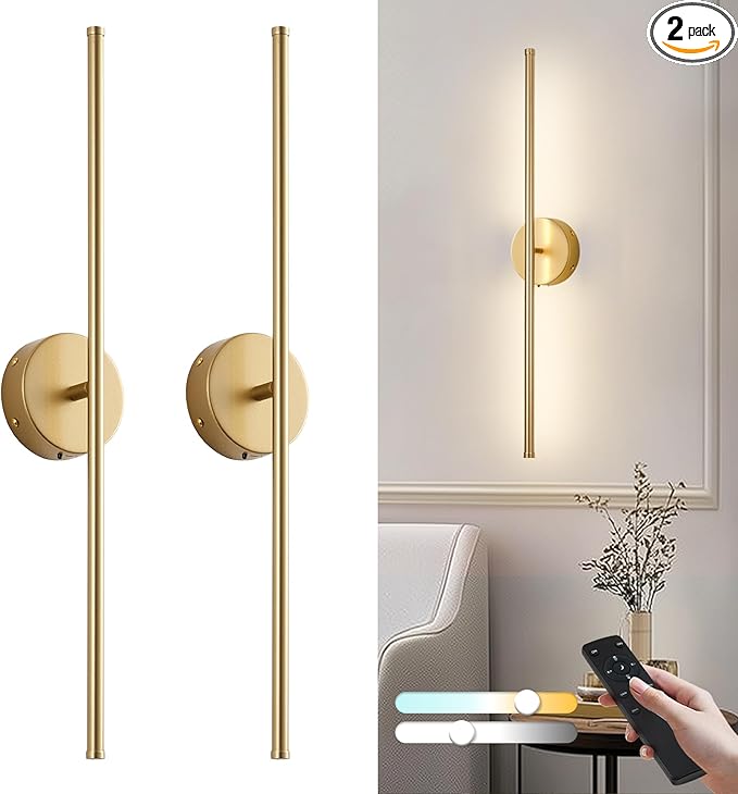 Removable Battery Operated Wall Sconces with Remote Control 350°Rotate LED Wireless Wall Lights with 3 Color Temperatures & Dimming for Bedroom, Hallway,28.3 Inch (2 Pack)