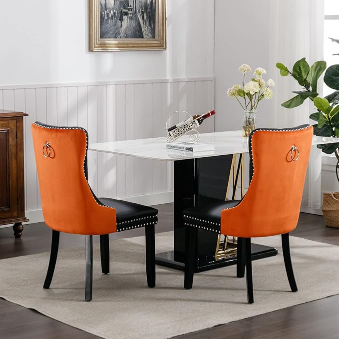 PU and Velvet Upholstered Dining Chair with Wood Legs,Tall Back Side Chair W/Nailhead Trim 2-Pcs Set,for Living Room,Apartment,Black+Orange