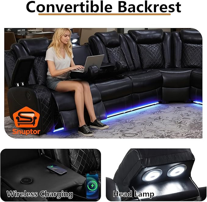 Power Leather Recliner Sectional Sofa with LED Light,L Shaped Reclining Couch with USB Charger/Cup Holder/Storage,Leather Sofa for Living Room Furniture Sets(Black,Sectional+1 Seat)