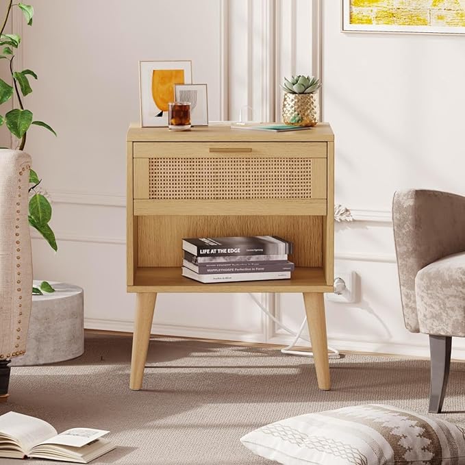 Irontar 17.7'' Wide Rattan Nightstand Set of 2, Bedroom Night Stand with Charging Station & Drawers, Boho Bed Side Table with Solid Legs, Accent End Side Table with Open Shlef, Natural
