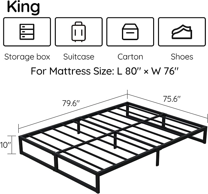 10 Inch King Size Bed Frame Metal Platform Mattress Foundation with Steel Slat Support, No Box Spring Needed, Easy Assembly, Black