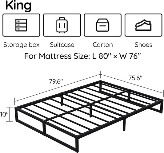 10 Inch King Size Bed Frame Metal Platform Mattress Foundation with Steel Slat Support, No Box Spring Needed, Easy Assembly, Black