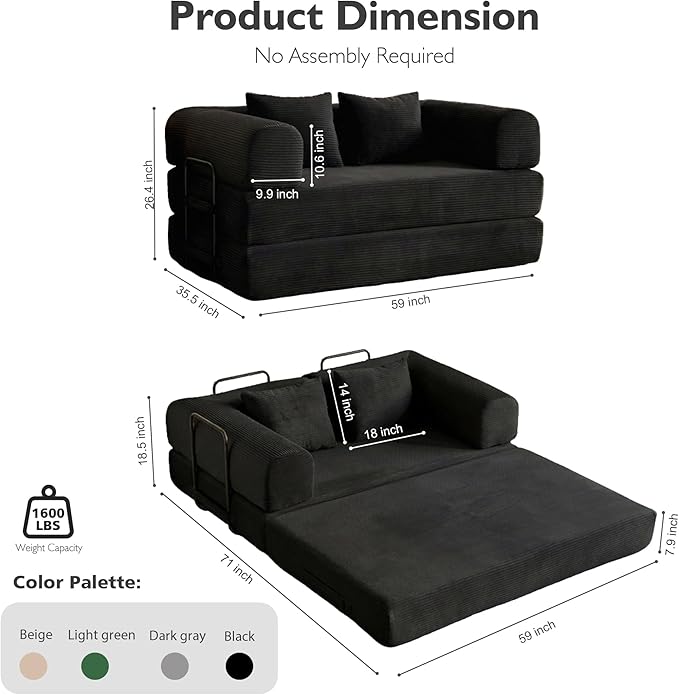 59in Convertible Sofa Bed, Corduroy Boneless Couch Bed, Futon Sleeper Sofa Pull Out Bed, Foldable Couch for Living Room Apartment, No Assembly Required