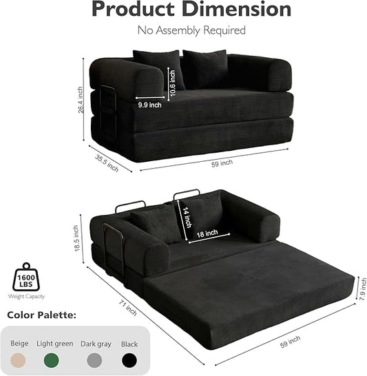 59in Convertible Sofa Bed, Corduroy Boneless Couch Bed, Futon Sleeper Sofa Pull Out Bed, Foldable Couch for Living Room Apartment, No Assembly Required