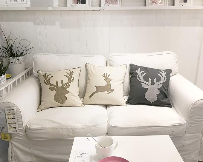 Embroidered Throw Pillow Covers Deer Head Pattren 18x18 Inches for Living Room Cotton Cushions Covers (Khaki) …