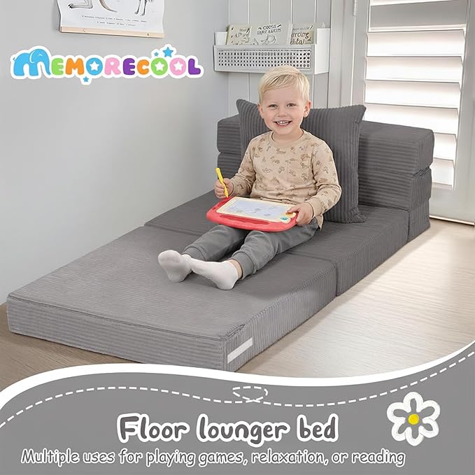 MeMoreCool Folding Sofa for Kids, Corduroy Fold Out Futon Chair, Small Foldable Floor Mattress, Portable Children Couch Sofa, Light Grey