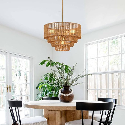 19.7" Boho Rattan Chandelier Light Fixture 4-Light Hand-Woven Bamboo Vintage Farmhouse Chandelier Drum Wicker Golden Chandeliers for Dining Room, Kitchen Island, Bedroom, Foyer