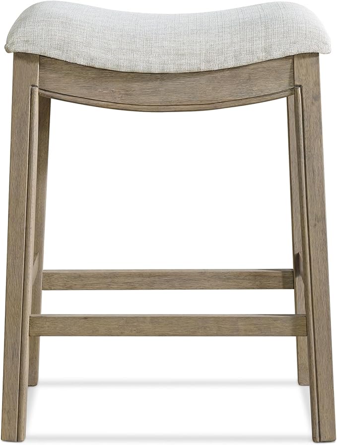 ROME + OAK Parker 26 Inch Counter Stool, Backless Saddle Kitchen Barstool in Reclaimed Oak Finish with Grey Fabric Upholstery Cushion Seat