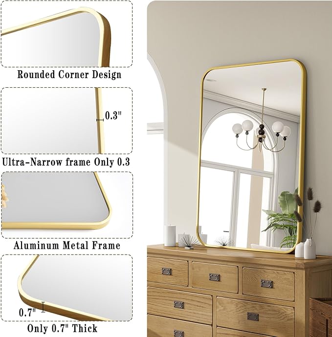 20x28 Inch Bathroom Mirror - Wall Mounted Vanity Mirror with Round Corner Aluminum Alloy Frame, Hanging Horizontally Vertically for Living Room, Bedroom, Hallway as Home Decor, Gold