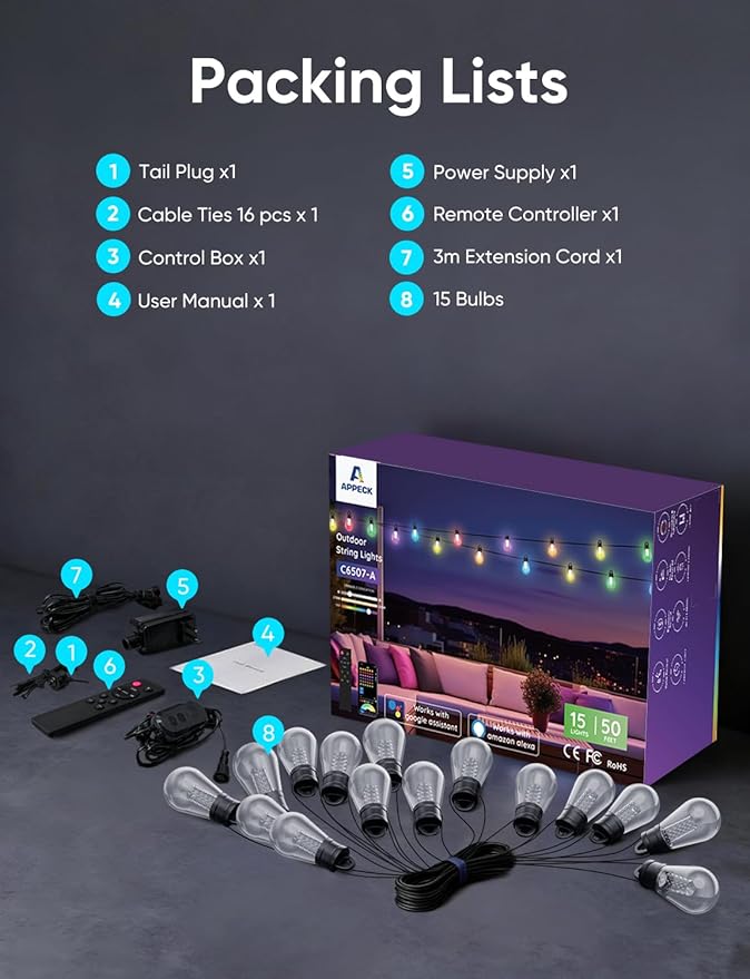 APPECK Outdoor String Lights, 50ft Smart RGBW Outdoor Patio Lights with 15 LED Bulbs, Extendable, 111 Scene Modes, IP65 Waterproof Lighting for Outside, Dimmable Warm White, Compatible with Alexa