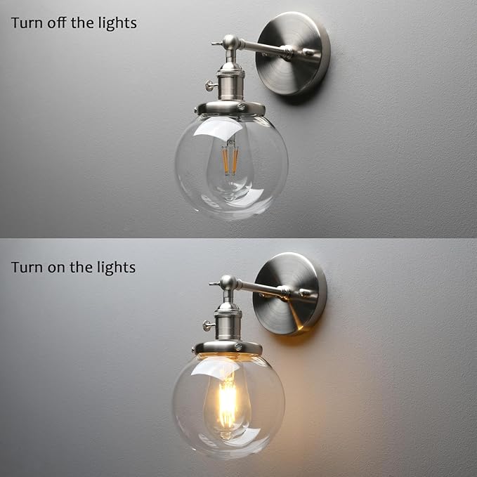 PERMO Vintage Industrial Wall Sconce Lighting Fixture with Mini 5.9" Round Clear Glass Globe Hand Blown Shade (Brushed)