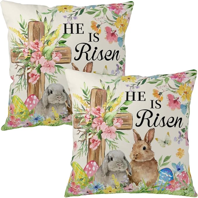 He is Risen Easter Bunny Pillow Covers 24x24 Set of 2 Bunnies Floral Cross Throw Pillows Spring Rabbits Colorful Eggs Outdoor Farmhouse Pillow Case for Couch Home Sofa Bed Porch Decor