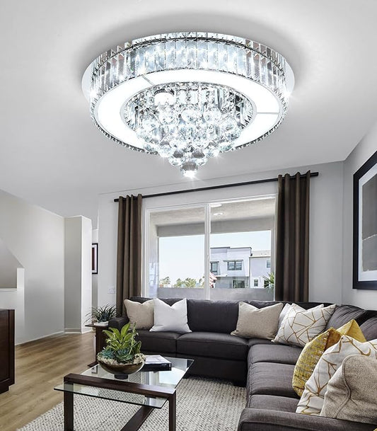 19.6'' Silver Modern Crystal Chandeliers for Dining Room LED Dimmable Light Fixtures Flush Mount Light Living Room Bedrooms