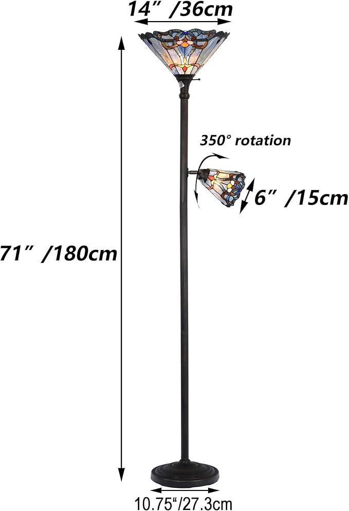 Bieye L10686 Baroque Tiffany Style Stained Glass Torchiere Floor Lamp with Sidelight for Reading Home Decor, 71-inch Tall