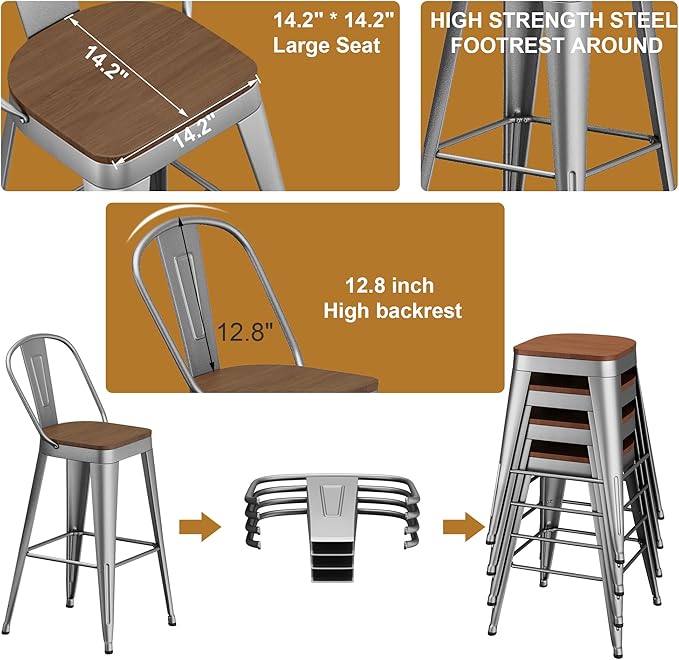 Andeworld Metal Bar Stools Set of 4, 30 inch Bar Height Barstools with Backs Farmhouse Modern High Back Bar Stools with Larger Seat Kitchen Dining Bar Chairs,Silver
