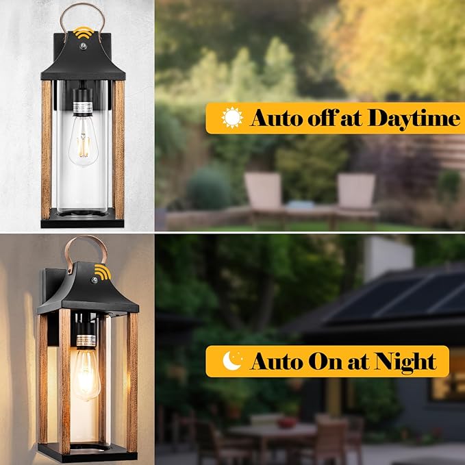 Dusk to Dawn Outdoor Light Fixture Rustic Wood, 17” Large Outside Light for House Cylindrical Glass IP65 Waterproof Outdoor Lantern Scone Farmhouse Porch Light Exterior Wall Mounted Lamp