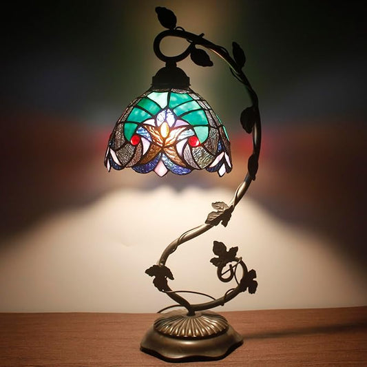 WERFACTORY Stained Glass Lamp Tiffany Style Bedside Table Lamp Reading Desk Light, Metal Leaf Base 8X10X21 Inches Decor Small Space Bedroom Home Office S160G Series