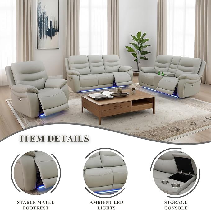 Power Reclining Loveseat with 2 Chairs, Genuine Leather Recliner Couch Set, Light Grey Leather Recliners Set, 3 Pieces Living Room Furniture with Cup Holders/Storage/USB Port