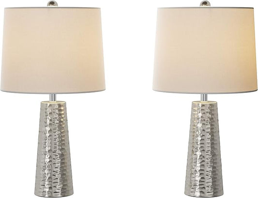 Table Lamps - Set of 2 Hammered Metal Lights with Flared Bases and Drum Shades for End Tables and Nightstands by Lavish Home (Brushed Silver)