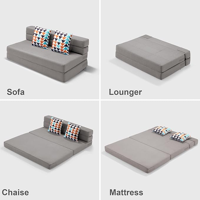ARTPLAN Convertible Folding Sofa Bed, High-Density Memory Foam Sofa with a Fluffy Pillow, Modern Futon Floor Couch Guest Twin Bed for Living Room/Dorm/Guest Use/Home Office/Apartment,Light Gray