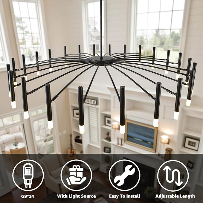 NILSE 24-Light Black LED Modern Chandelier, 53 Inch Extra Large Contemporary Chandeliers with G9 Bulbs, Mid Century Farmhouse Light Fixture for Living Room Foyer Dining Room Bedroom
