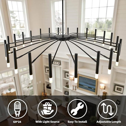 NILSE 24-Light Black LED Modern Chandelier, 53 Inch Extra Large Contemporary Chandeliers with G9 Bulbs, Mid Century Farmhouse Light Fixture for Living Room Foyer Dining Room Bedroom