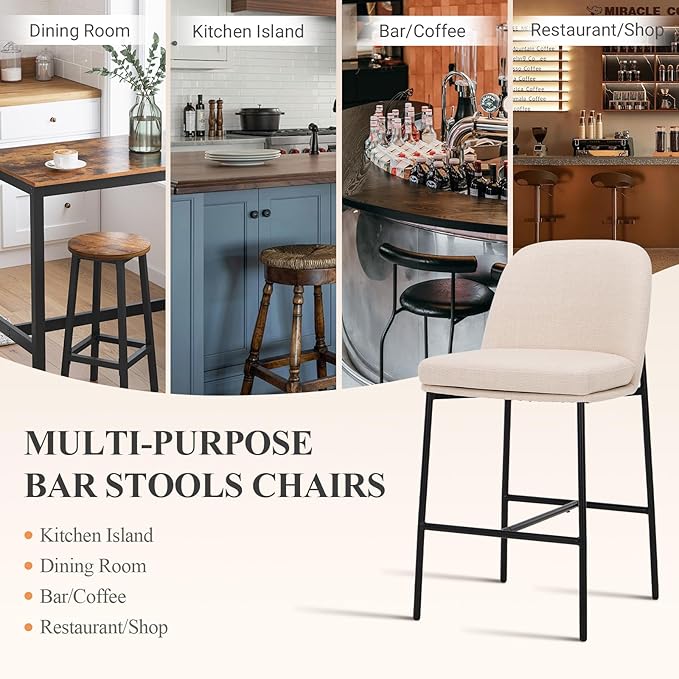 Bar Stools Set of 4, Modern Upholstered Counter Height Bar Chairs with Cushioned Seat and Curved Back, Fabric Kitchen Island Stools with Sturdy Metal Legs for Dining Room Island Bar, Beige