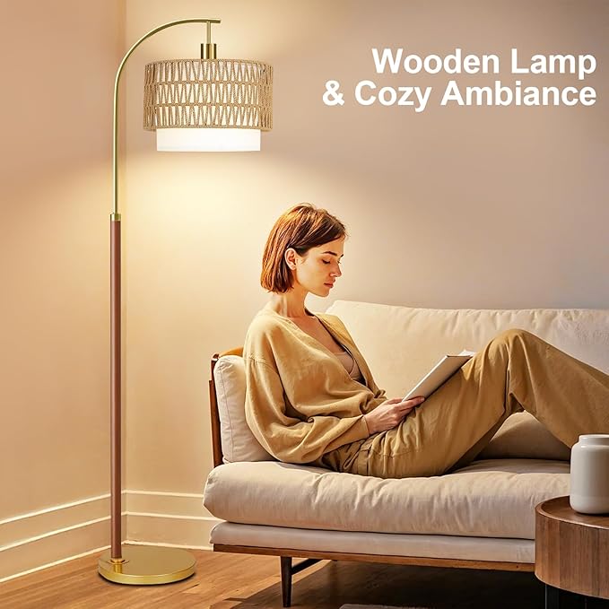 Boho Floor Lamps for Living Room Wood Floor Lamp with Remote Control,Dimmable Rattan Floor Lamps Wicker Lamp Shades Black Standing Lamp with 3 Color Temperature Tall Floor Lamp For Bedroom Corner