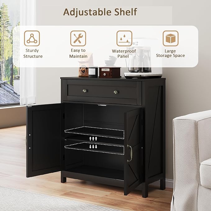 Semiocthome Farmhouse Sideboard Buffet Cabinet with Storage and Adjustable Shelf, Accent Table with Barn Door, Storage Cabinet for Kitchen, Dining Room, Bathroom, Entryway - Black
