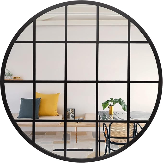 36 Inch Round Grid Wall Mirror, Metal Framed Window Pane Circle Mirror, Accent Decorative Mirrors, Circle Window Mirrors for Entry, Living Room, Bedroom, Matte Black