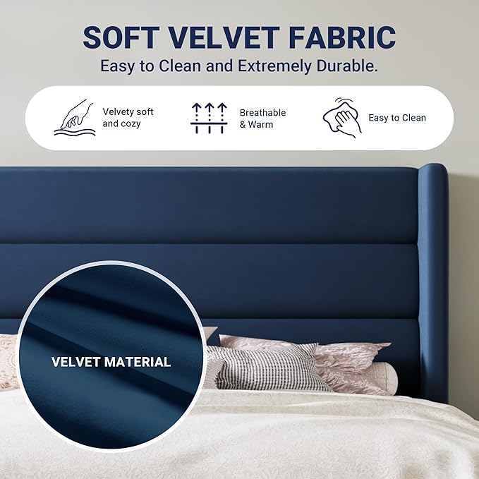 Allewie Full Size Platform Bed Frame with Velvet Upholstered Wingback Headboard, No Box Spring Needed, Under Bed Storage Space, Wooden Slats, Modern Mattress Foundation, Easy Assembly, Blue