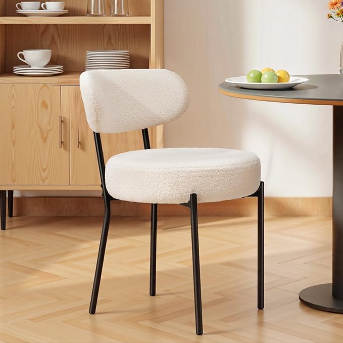 DUMOS Dining Chairs Set of 6, Mid Century Modern Chair Round Upholstered Curved Backrest, Kitchen Vanity Living Room Chairs with Black Metal Legs，Classic Beige