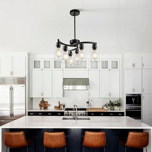 6 Light Modern Chandeliers for Dining Room,21.7" Black Hanging Light Fixture，Kitchen Pendant Lighting Over Island，Industrial Farmhouse Chandelier,Metal with Downward Clear Glass Shade