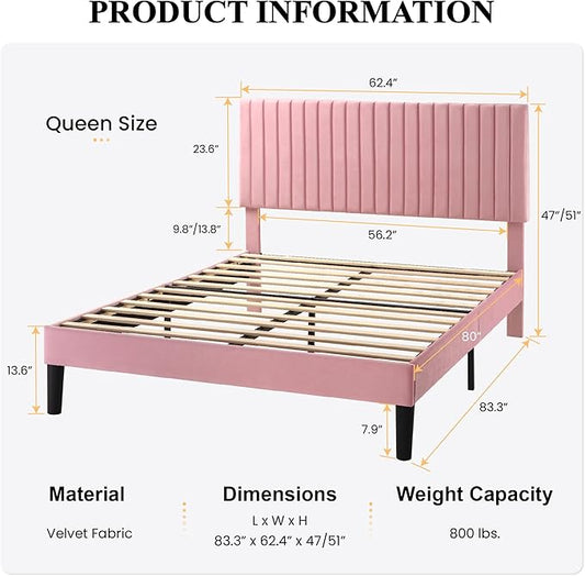 SHA CERLIN Queen Upholstered Platform Bed Frame with Adjustable Headboard/Vertical Channel Tufted Velvet Fabric/Wooden Slats Support/Mattress Foundation/Box Spring Optional/Pink