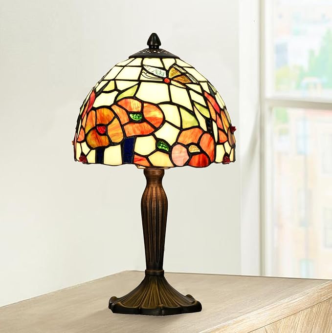 TL0029 Tiffany Style Table Lamp Stained Glass Floral Shade with Bronze Base Vintage Art Deco Desk Light for Bedroom Living Room Decor (Blossom)