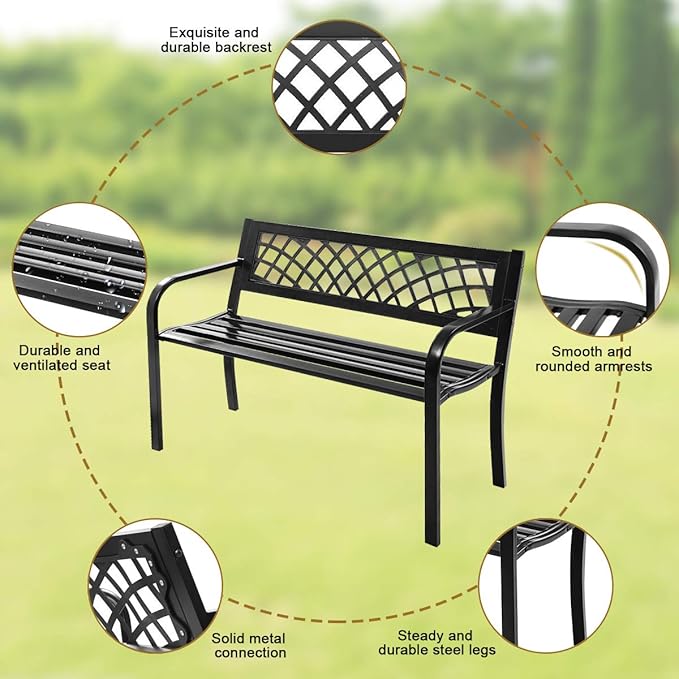 Tangkula Outdoor Garden Bench Park Bench with Steel Frame & PVC Backrest, Park Bench with Large Seat for 2-3 People, Patio Furniture Chair for Yard, Balcony, Porch & Poolside, Garden Welcome Bench