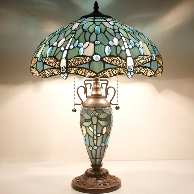 WERFACTORY Tiffany Table Lamp Sea Blue Stained Glass Dragonfly Style 16X16X24 Inches Mother-Daughter Vase Desk Reading Light Decor Bedroom Living Room Home Office S147 Series