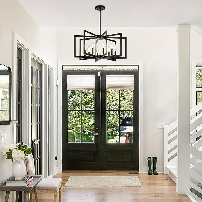 25.6" Black Chandelier for Dining Room, 8-Light Geometric Dining Room Light Fixture, Farmhouse Modern Chandeliers for Dining Room Living Room Foyer Stairway