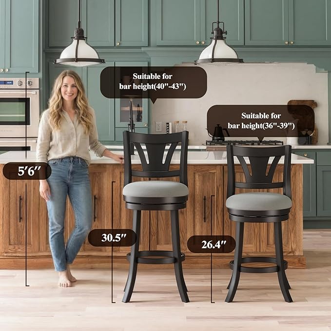 Swivel Bar Stools Set of 6,30 Inch Bar Height Barstool with Silent Rotation, High-Density Foam Cushion, Solid Wood Frame, Footrest & Anti-Slip Pads for Kitchen Islands and Home Bars (Grey)
