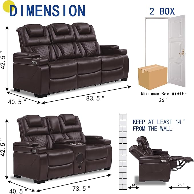 THSUPER Power Breathable Leather Reclining Sofa and Loveseat Set with 7-Color LED Light, Living Room Recliner Couch Set with Adjustable Headrest/Reading Light/USB Port/Bluetooth Speaker, Brown