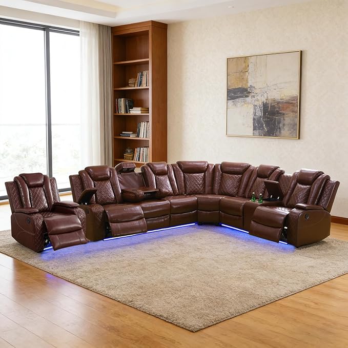 Power Recliner Sectional Sofa Set, Brown Leather Sectional Couch and Chair for Living Room, L Shape Reclining Sofa with Cup Holder, Hidden Storage, Coffee Table for House(7 Seat)