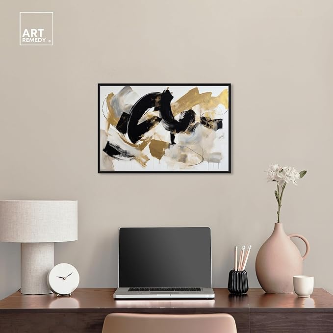 Art Remedy Moved Abstraction Canvas Modern Black White Abstract Wall Art, Black Frame, 24" x 16"