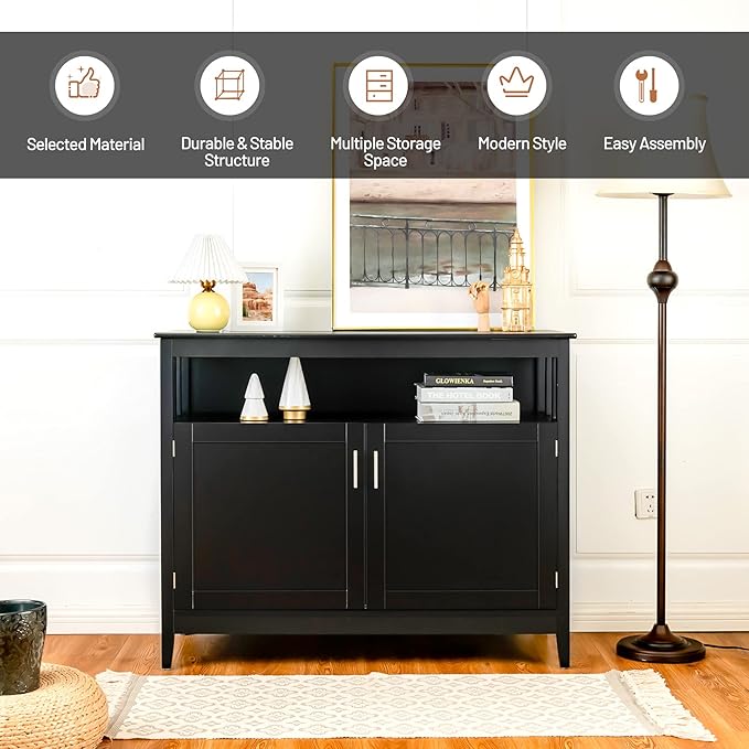 NAFORT Farmhouse Sideboard, Freestanding Buffet Cabinet with Removable Shelf, Anti-Tip Devices, Magnetic Catch, Wood Legs & Adjustable Foot Pads, Large Storage Coffee Bar for Household, Black