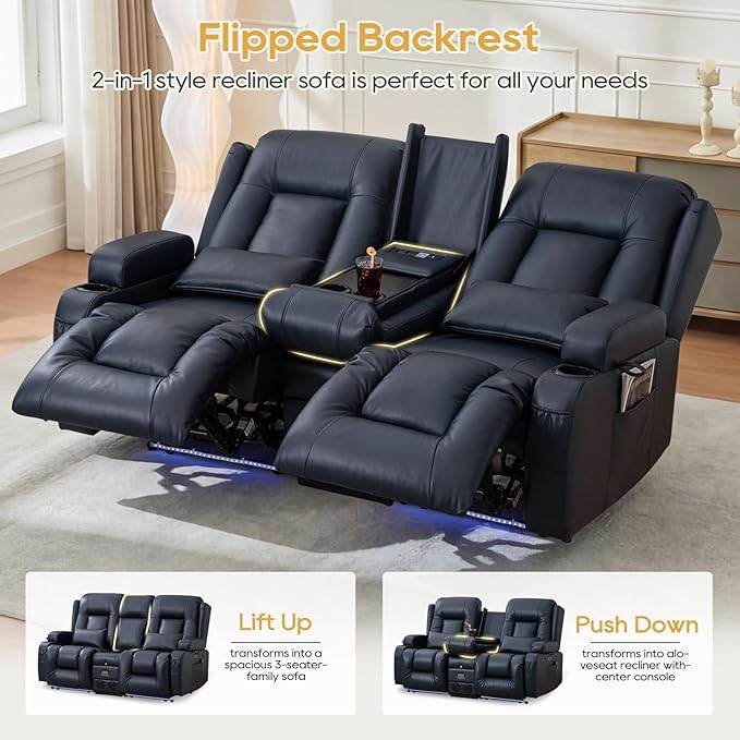 IPKIG Power Recliner Sofa with Flip-Up Backrest Console, USB & USB-C Ports, AC Outlet, LED Lights, Wall Hugger Recliners for Living Room, RV (Dark Blue, 67" - 3 Seat) | Breathable Leather, Zero Gravity, Dual Reclining, 2 Lumabr Pillow, Bluetooth Speakers