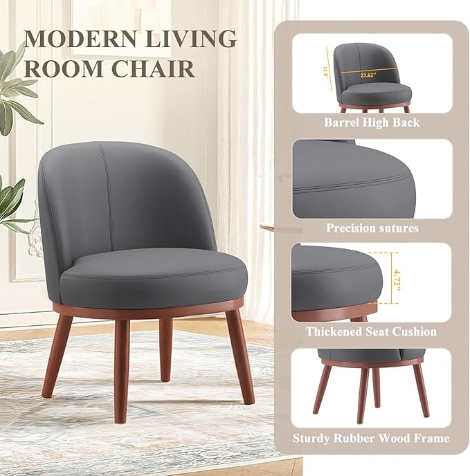 Accent Chair Set of 1, PU Leather Mid-Century Modern Chair for Small Space, Comfy Upholstered Armless Chair, for Living Room, Bedroom, Dark Gray