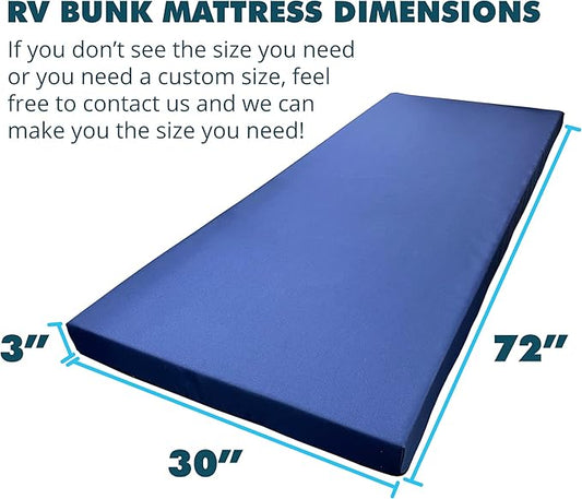 Foamma 3” x 30” x 72” Water Resistant Memory Foam RV Bunk Mattress, Firm High Density Foam Base, Comfortable and Durable Polyester Cover, Truck, Camper, Travel Trailer, Made in USA