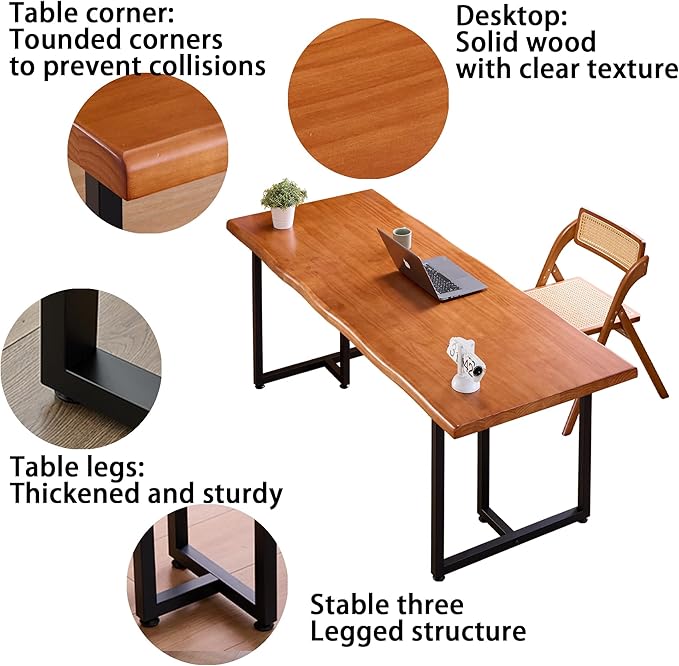 62.99" Wood Brown Solid Wood Dining Table, Heavy-Duty Metal Legs Leisure Table for Home Office, Kitchen & Restaurant Use